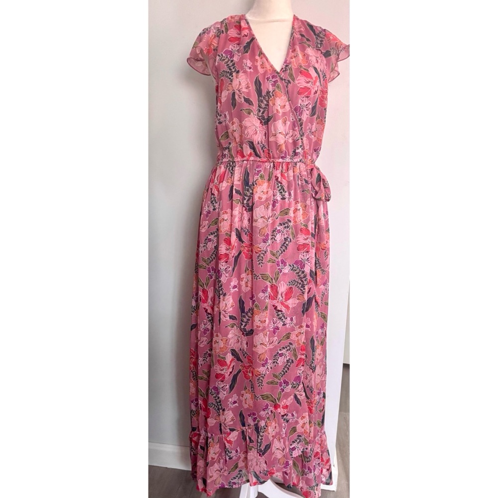 Boho Chic Band of Gypsies Pink Floral Ruffled High-Low Maxi Dress -Large